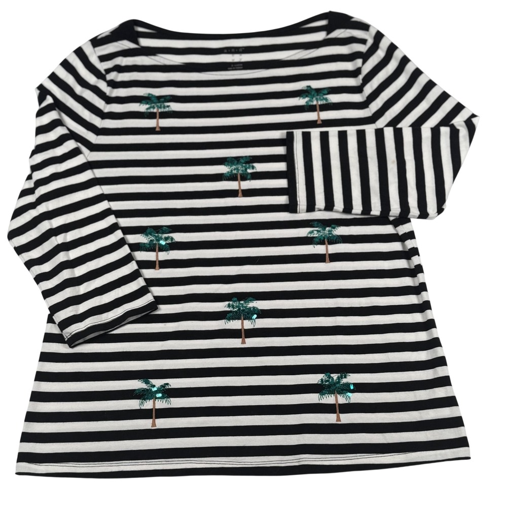 Coastal Nautical Striped Top XL Embroidered Sequin Palm‎ Tree Boat Neck Resort